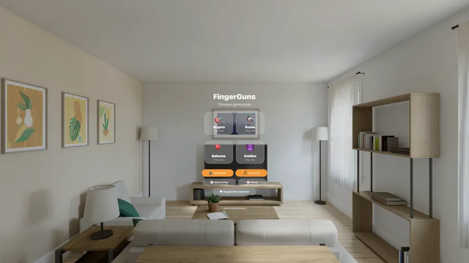 FingerGuns main menu floating in an Apple Vision Pro living room view