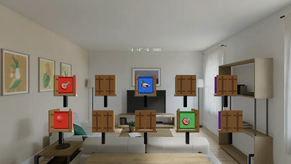 FingerGuns target shooting game in an Apple Vision Pro living room view