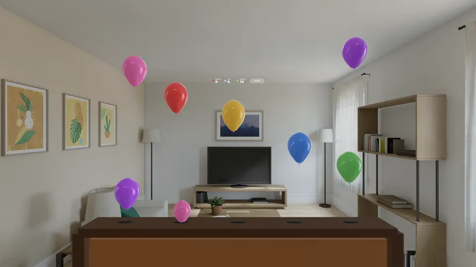 Colorful balloons floating in a mixed-reality room in FingerGuns