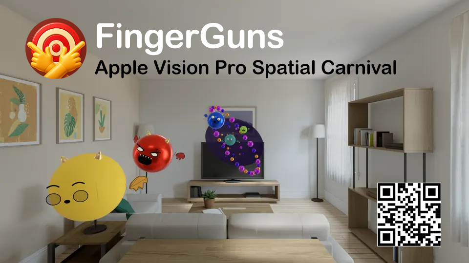 FingerGuns gameplay with a yellow kaiju, a red goblin, and a swirling portal in a living room